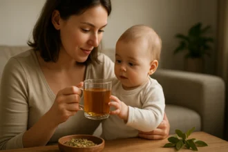 Matka s bábätkom a šálkou bylinného čaju Mecsek Baby.