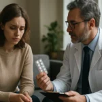 Psychiater konzultuje s pacientkou o Leponexe