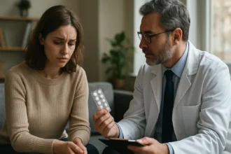 Psychiater konzultuje s pacientkou o Leponexe