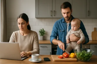 Muž a žena spolu pracujú na rodinnej činnosti v kuchyni.