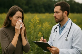 Žena s alergiou na ambróziu a lekár v prírode