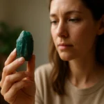 Žena drži minerál apatit, symbol jasnosti a rovnováhy.