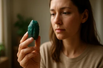 Žena drži minerál apatit, symbol jasnosti a rovnováhy.