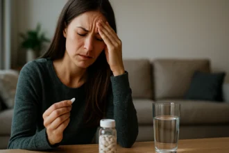 Žena s úzkosťou drží tabletu Xanaxu a prežíva emocionálny stres.