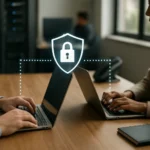 Dva profesionáli pracujúci na pripojených laptopoch so zabezpečeným pripojením.