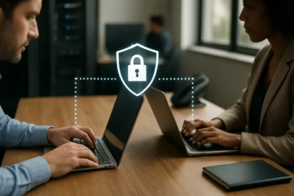 Dva profesionáli pracujúci na pripojených laptopoch so zabezpečeným pripojením.