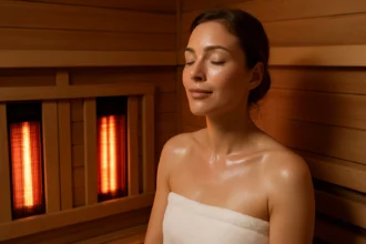 Žena relaxujúca v infra saune s hladkou pokožkou