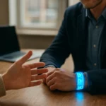 Holografický náramok na zápästí muža počas diskusie.