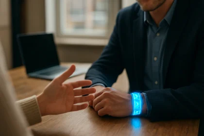 Holografický náramok na zápästí muža počas diskusie.