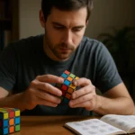Muž rieši Rubikovu kocku so sprievodcom v ruke