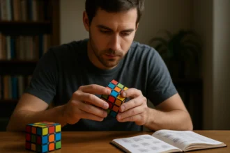 Muž rieši Rubikovu kocku so sprievodcom v ruke