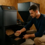 Muž manipulujúci s kotlom na piliny v domácnosti.