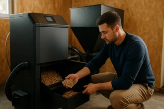 Muž manipulujúci s kotlom na piliny v domácnosti.