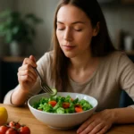 Žena si vychutnáva šalát na zdravú stravu.