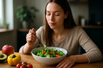 Žena si vychutnáva šalát na zdravú stravu.