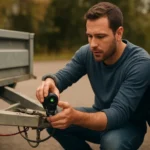 Muž kontroluje indikátor ťažného zariadenia na prívese.