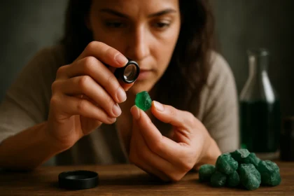 Žena skúma smaragd pomocou lupy, obklopená drahokamami.