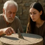 Staroveké slnečné hodiny s gnómonom a dvoma osobami študujúcimi ich funkciu.