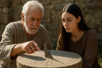 Staroveké slnečné hodiny s gnómonom a dvoma osobami študujúcimi ich funkciu.