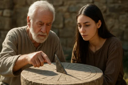 Staroveké slnečné hodiny s gnómonom a dvoma osobami študujúcimi ich funkciu.