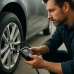 Muž kontrolujúci tlak v pneumatikách pomocou zariadenia TPMS.