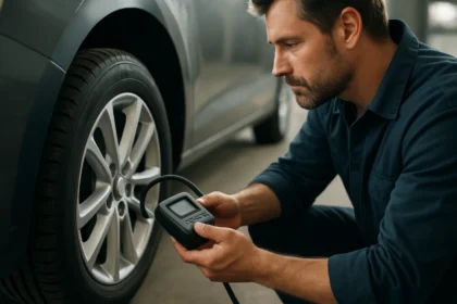 Muž kontrolujúci tlak v pneumatikách pomocou zariadenia TPMS.