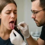 Žena podstupujúca vyšetrenie piercingu jazyka odborníkom.