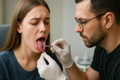 Žena podstupujúca vyšetrenie piercingu jazyka odborníkom.