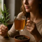 Žena si vychutnáva čaj z rutovca s bylinami a sušeným čajom.