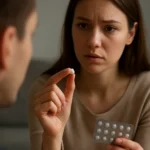 Žena s tabletou po nechránenom styku, zamyslená a skeptická.