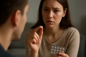 Žena s tabletou po nechránenom styku, zamyslená a skeptická.