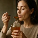 Žena vychutnáva agátový med z pohára s lyžičkou.