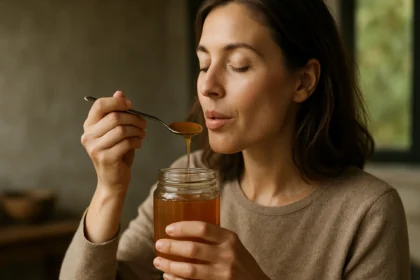 Žena vychutnáva agátový med z pohára s lyžičkou.