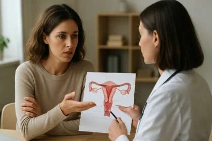 Žena diskutuje so zdravotníckym pracovníkom o ženských hormónoch.