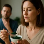 Žena s lyžičkou spiruliny, muž v pozadí, zdravie štítnej žľazy.