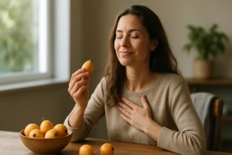Žena si vychutnáva mišpule, ovocie bohaté na vitamíny a antioxidanty.