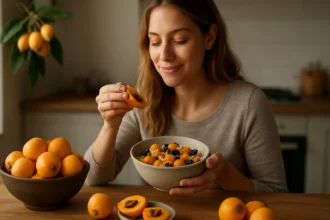 Žena si vychutnáva misu s mišpuľou a ovocím.