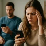 Žena so stresom z mobilným telefónom, muž v pozadí.