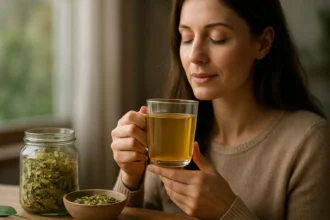 Žena vychutnávajúca si čaj zo seny pre jeho zdravotné účinky.