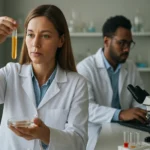 Vedci analyzujú koenzýmy v laboratóriu, skúmajú metabolizmus.