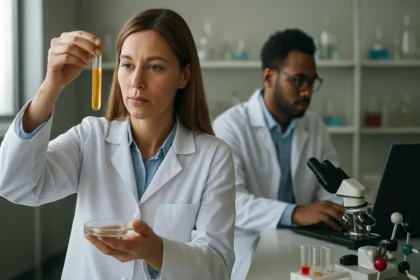 Vedci analyzujú koenzýmy v laboratóriu, skúmajú metabolizmus.