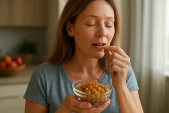 Žena si vychutnáva zdravé zlaté hrozienka vo svojom domove.