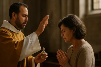 Kňaz svätena voda a žena pri náboženskom rituále