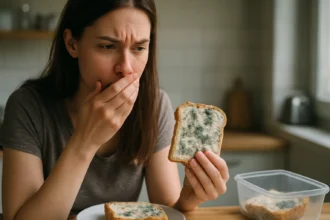Žena so plesnivým chlebom v ruke, šokovaná a znepokojená