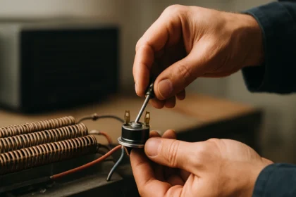 Technik pracuje s klixonom, bezpečnostným prvkom pre elektrické zariadenia.