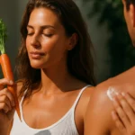 Žena s mrkvou podporuje zdravé opálenie pri nanášaní krému.