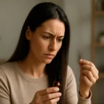 Žena skúma vlasy, ktoré vypadli, s prírodným produktom na vlasy.