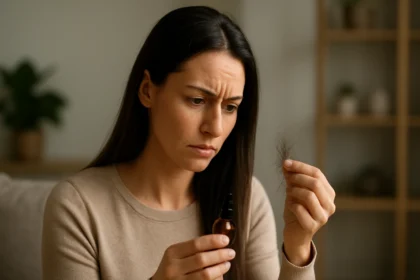Žena skúma vlasy, ktoré vypadli, s prírodným produktom na vlasy.