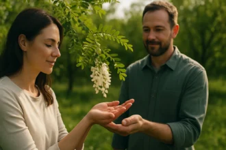 Pár v prírode s bielou agátovou inými zdravými účinkami