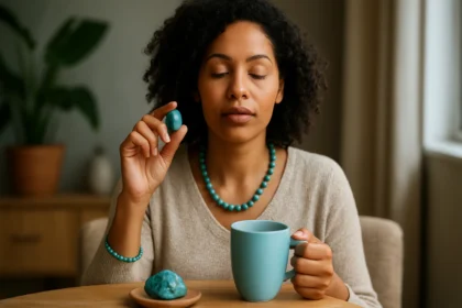 Žena s africkým tyrkysom, medituje a pije čaj